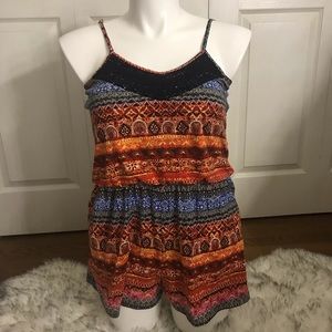 Geometric Aztec print romper black orange lace